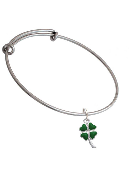 Large Green Heart Four Leaf Clovers Charm Bangle Bracelet
