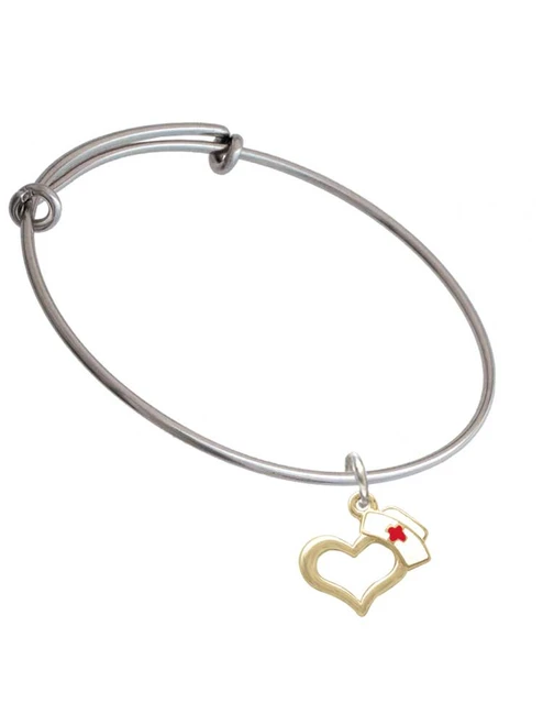 Gold Tone Open Heart with Nurse Hat Charm Bangle Bracelet