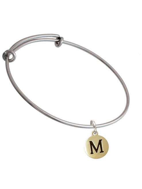 Capital Gold Tone Letter - M - Pebble Disc - Charm Bangle Bracelet
