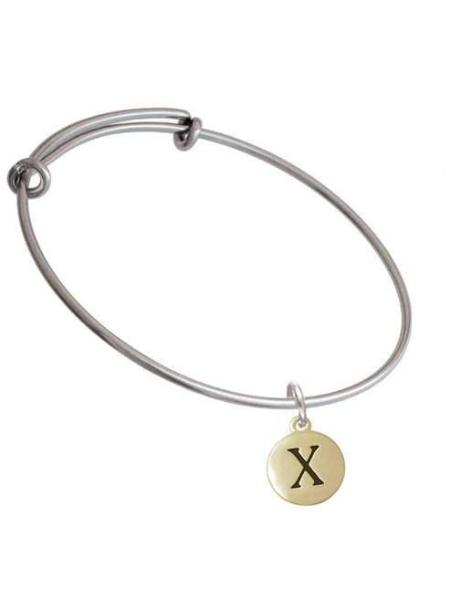 Capital Gold Tone Letter - X - Pebble Disc - Charm Bangle Bracelet