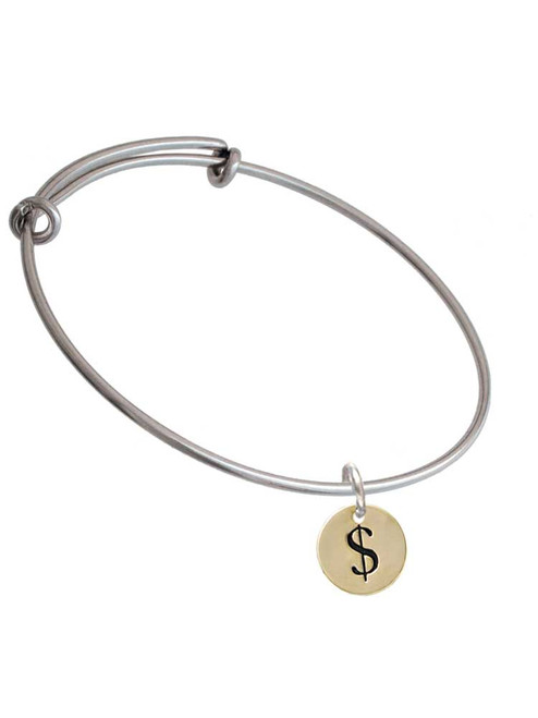 Gold Tone Disc 1/2'' - Symbol - Dollar Sign - $ - Charm Bangle Bracelet