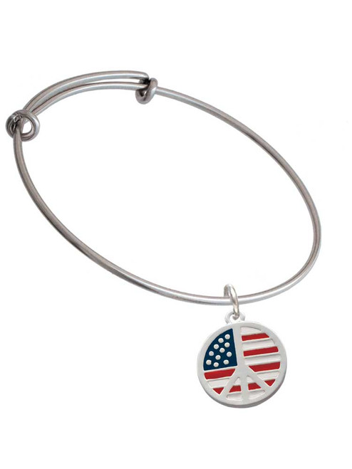Large Peace Sign with USA Flag Charm Bangle Bracelet