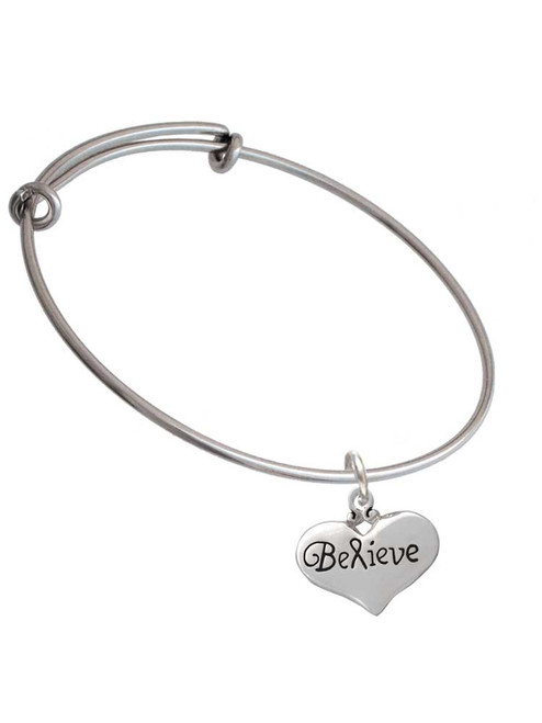Large Believe with Ribbon Heart Charm Bangle Bracelet