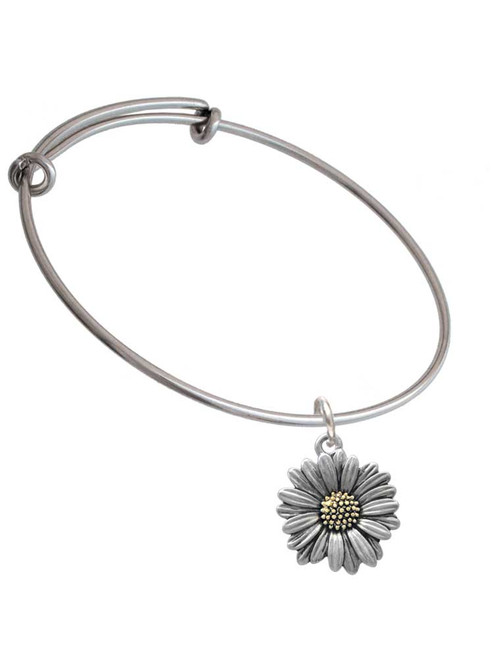 Large Two Tone Daisy Flower Charm Bangle Bracelet