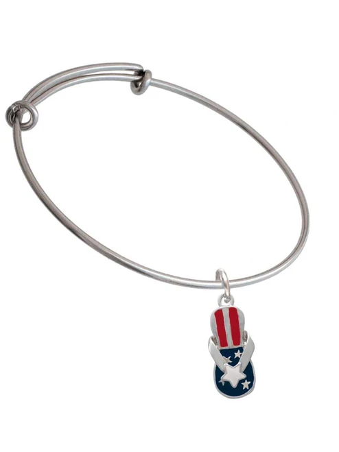 USA Patriotic Flip Flop with White Star Charm Bangle Bracelet