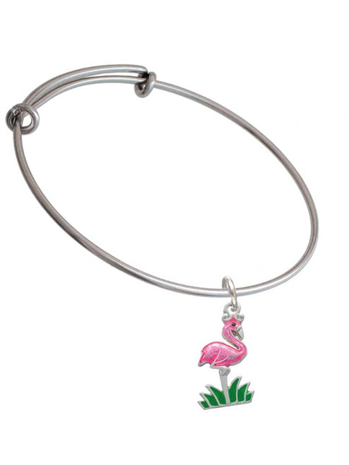 Hot Pink Enamel Flamingo with Grass Charm Bangle Bracelet