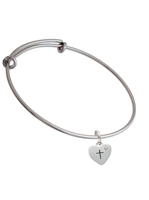 Small Heart with Cross & Fish with Crystal Charm Bangle Bracelet