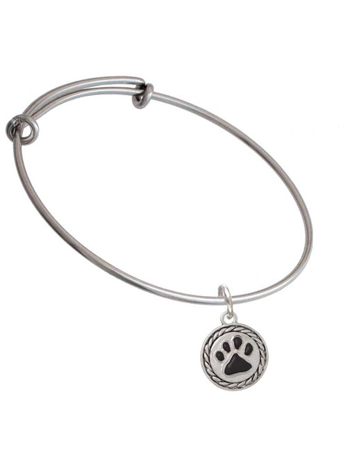 Black Paw in Rope Border Charm Bangle Bracelet