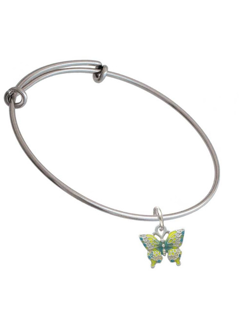 Small Lime Green & Blue Butterfly Charm Bangle Bracelet