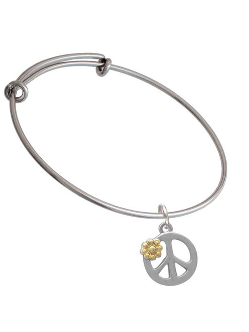 Large Peace Sign with Gold Tone Daisy and Crystal Charm Bangle Bracelet