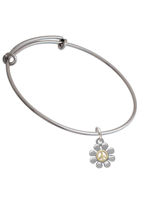 Small Daisy with Gold Tone Peace Sign Charm Bangle Bracelet