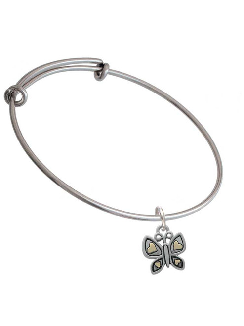 Butterfly with Gold Tone Hearts Charm Bangle Bracelet