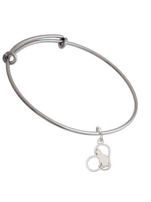 Cat Silhouette Heart Charm Bangle Bracelet