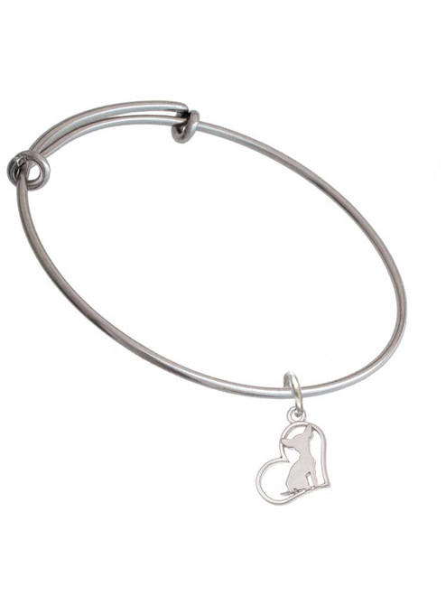 Chihuahua Silhouette Heart Charm Bangle Bracelet