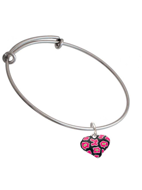Hot Pink Cheetah Print Heart Charm Bangle Bracelet