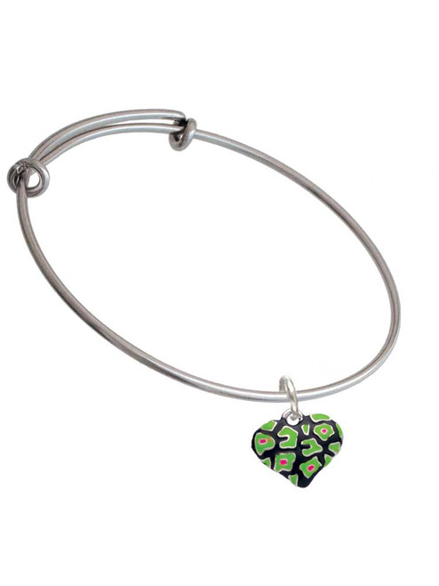 Lime Green Cheetah Print Heart Charm Bangle Bracelet
