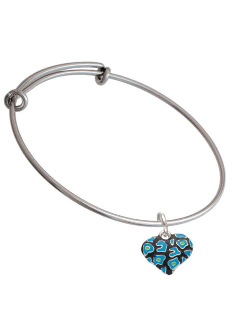 Hot Blue Cheetah Print Heart Charm Bangle Bracelet