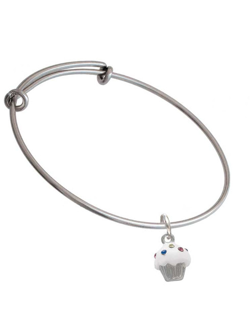 Small White Cupcake with Crystal Sprinkles Charm Bangle Bracelet