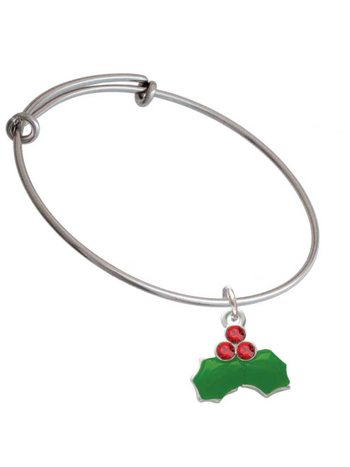 Christmas Holly & Red Crystal Berries Charm Bangle Bracelet