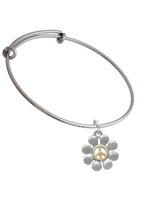 Large Daisy with Gold Tone Peace Sign Charm Bangle Bracelet