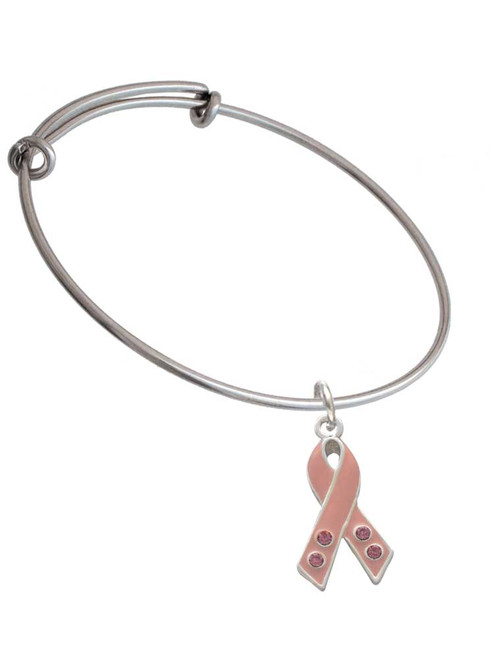 Large Pink Ribbon with Crystals Charm Bangle Bracelet
