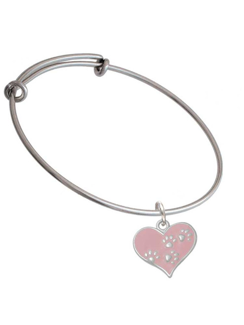 Pink Enamel Heart with Paw Prints Charm Bangle Bracelet