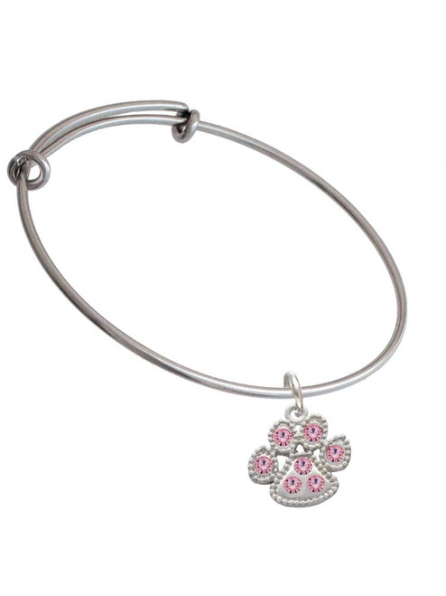 Large Paw with Light Pink Crystals Charm Bangle Bracelet