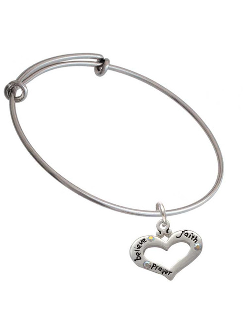 Heart with 3 AB Crystals - Believe Faith Prayer Charm Bangle Bracelet