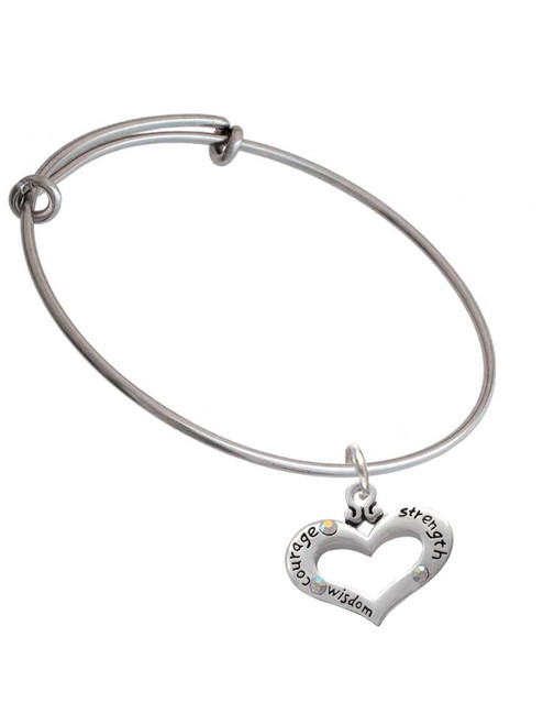 Heart with 3 AB Crystals - Courage Strength Wisdom Charm Bangle Bracelet