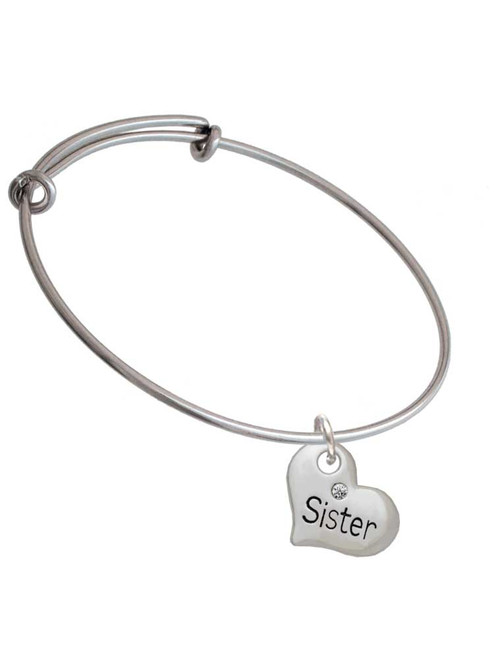 Large ''Sister'' Heart with Clear Crystal Charm Bangle Bracelet