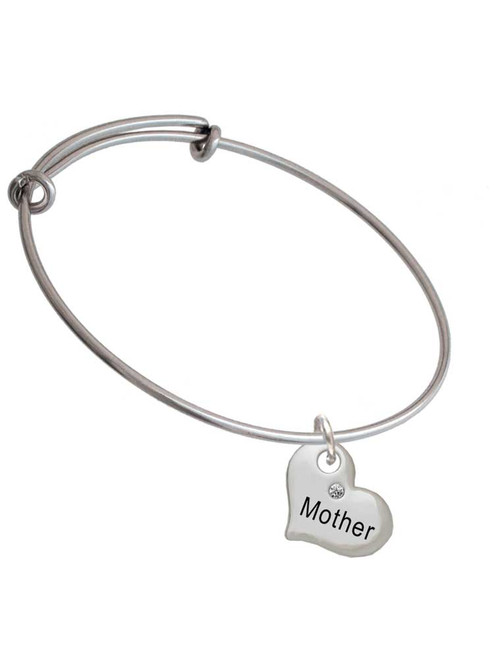 Large ''Mother'' Heart with Clear Crystal Charm Bangle Bracelet