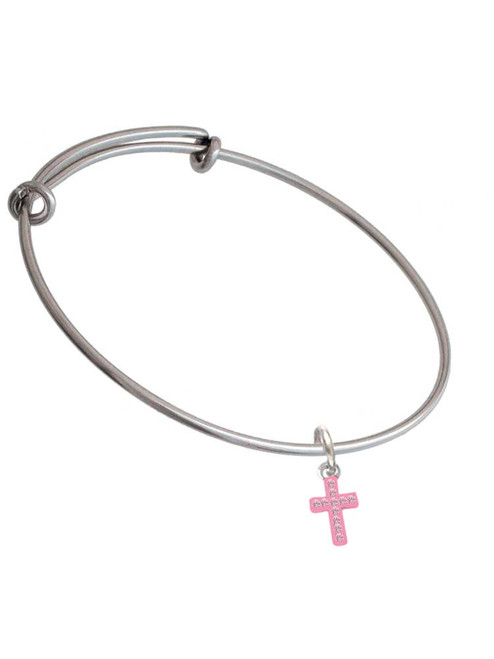 Small Pink Crystal Cross Charm Bangle Bracelet