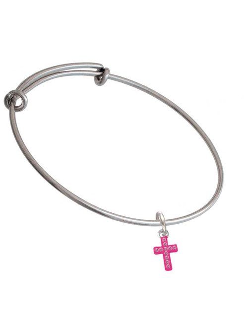 Small Hot Pink Crystal Cross Charm Bangle Bracelet
