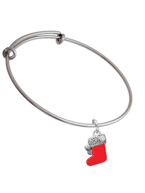 3-D Red Stocking with Fur and Clear Crystal Charm Bangle Bracelet