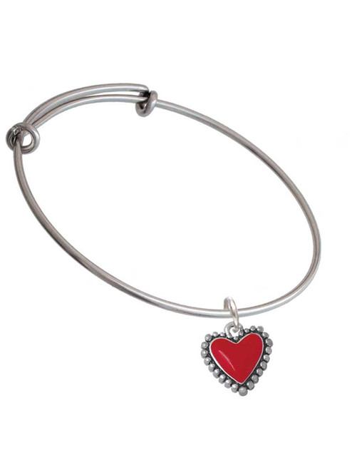 Red Heart with Beaded Border Charm Bangle Bracelet