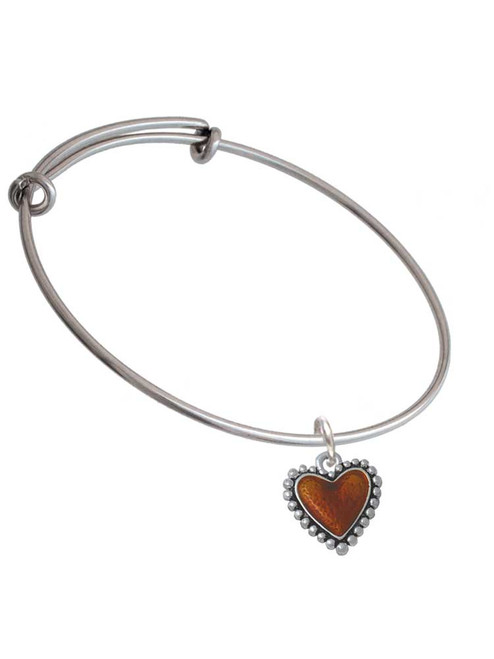 Translucent Brown Heart with Beaded Border Charm Bangle Bracelet