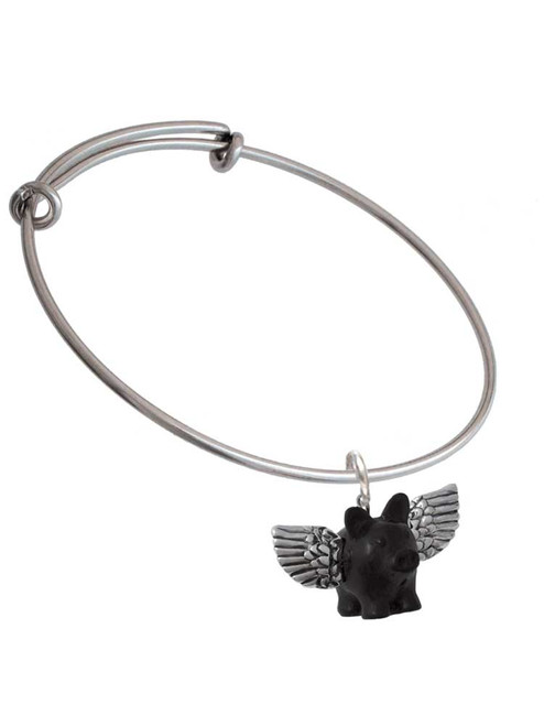 Black Flying Pig with Wings Charm Bangle Bracelet