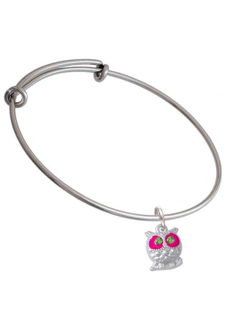 Owl with Hot Pink & Lime Green Crystal Eyes Charm Bangle Bracelet