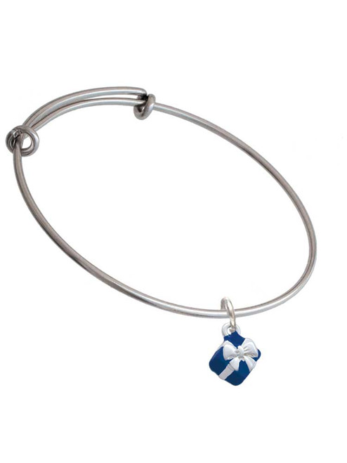 Small 3-D Blue Present Box with Bow Charm Bangle Bracelet