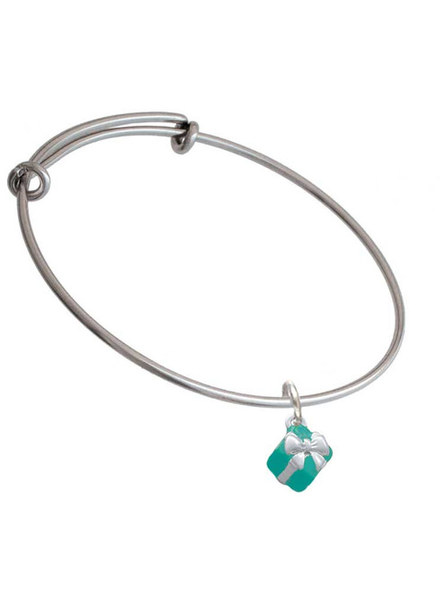 Small 3-D Teal Present with Bow Charm Bangle Bracelet