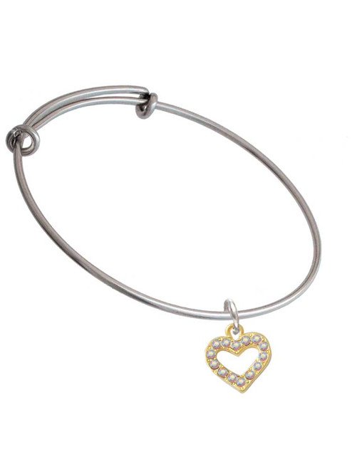 Gold Tone AB Crystal Open Heart Charm Bangle Bracelet