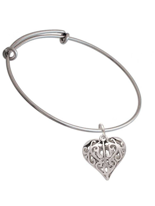 Large Open Filigree Heart Charm Bangle Bracelet