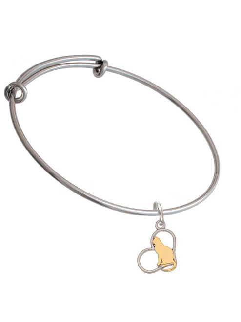 Two Tone Cat Silhouette Heart Charm Bangle Bracelet
