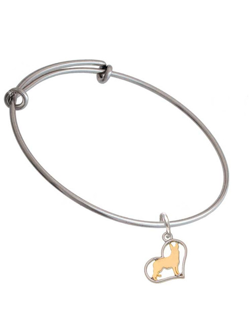 Two Tone German Shepard Silhouette Heart Charm Bangle Bracelet
