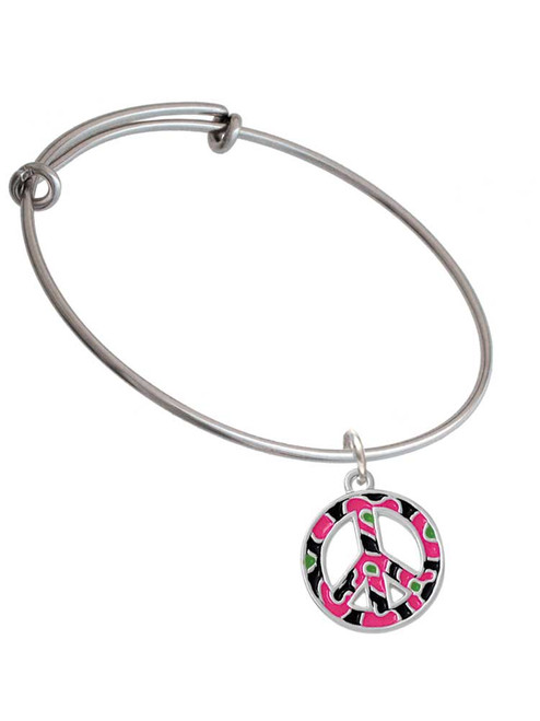Large Hot Pink Cheetah Print Peace Sign Charm Bangle Bracelet