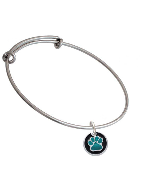 Teal Paw on Black Disc Charm Bangle Bracelet
