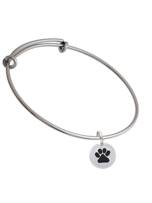 Black Paw on White Disc Charm Bangle Bracelet