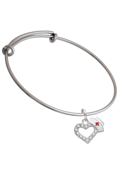 Small Crystal Heart with Nurse Hat Charm Bangle Bracelet