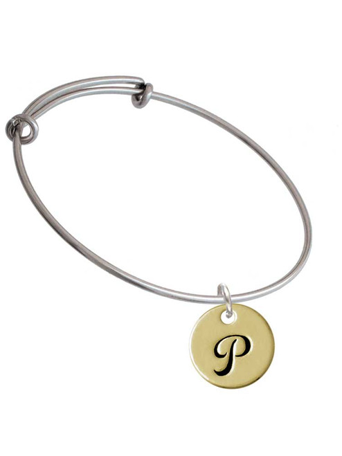 Large Gold Tone Disc Letter - P - 3/4'' Charm Bangle Bracelet