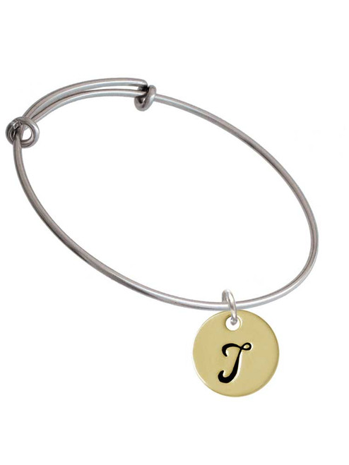 Large Gold Tone Disc Letter - T - 3/4'' Charm Bangle Bracelet